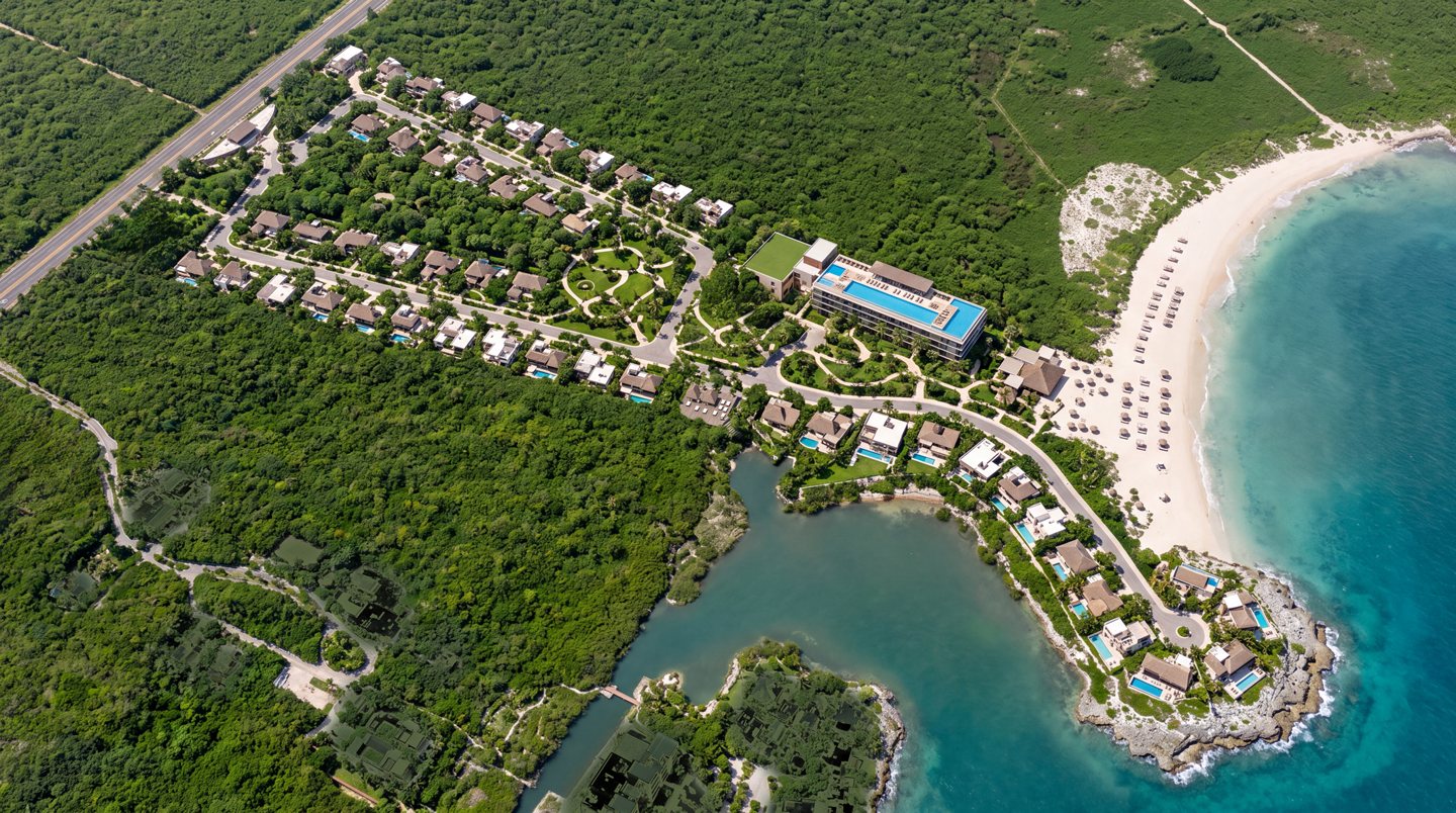 Concept aerial rendering: rows of villas with pools in the jungle, a resort building with a rooftop pool, landscaped gardens, a white-sand beach with umbrellas, and waterfront villas around a lagoon