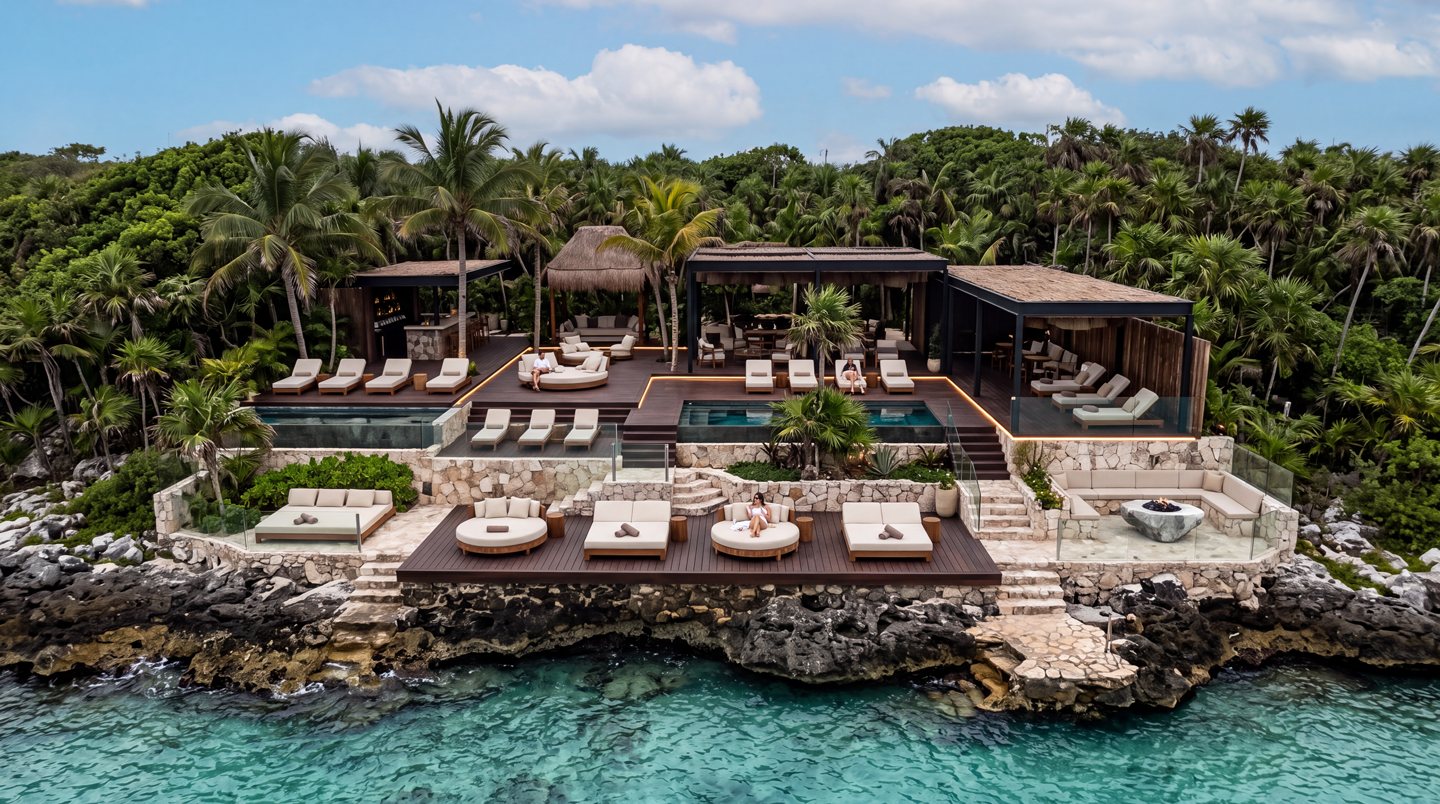 Concept image: the cenote club, with lounge pavilions, plunge pools and timber decks stepping down a rocky shore to clear turquoise water