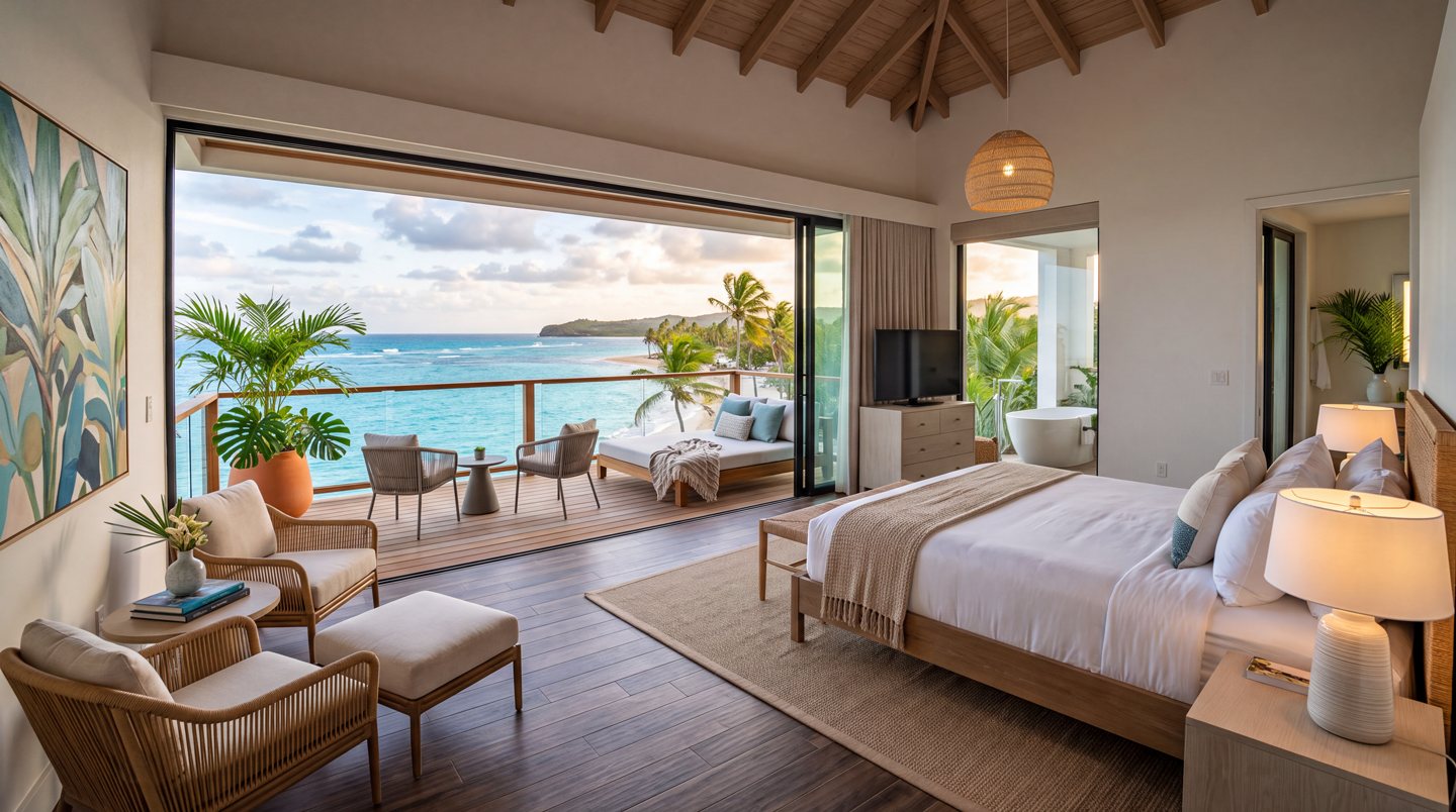 Concept image: a resort suite with a vaulted timber ceiling, king bed, soaking tub and a balcony opening to the Caribbean