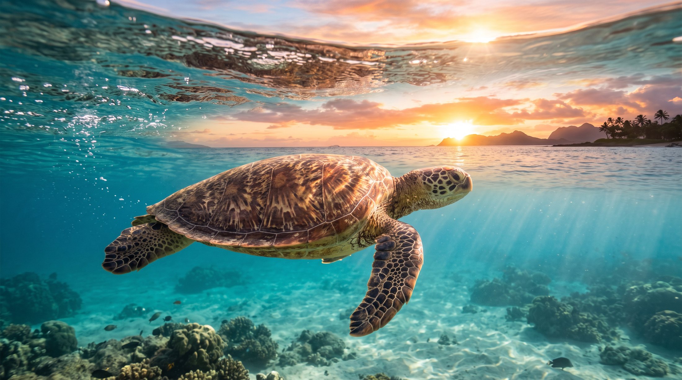 A green sea turtle swimming over coral in clear turquoise water, with a sunset sky above the surface