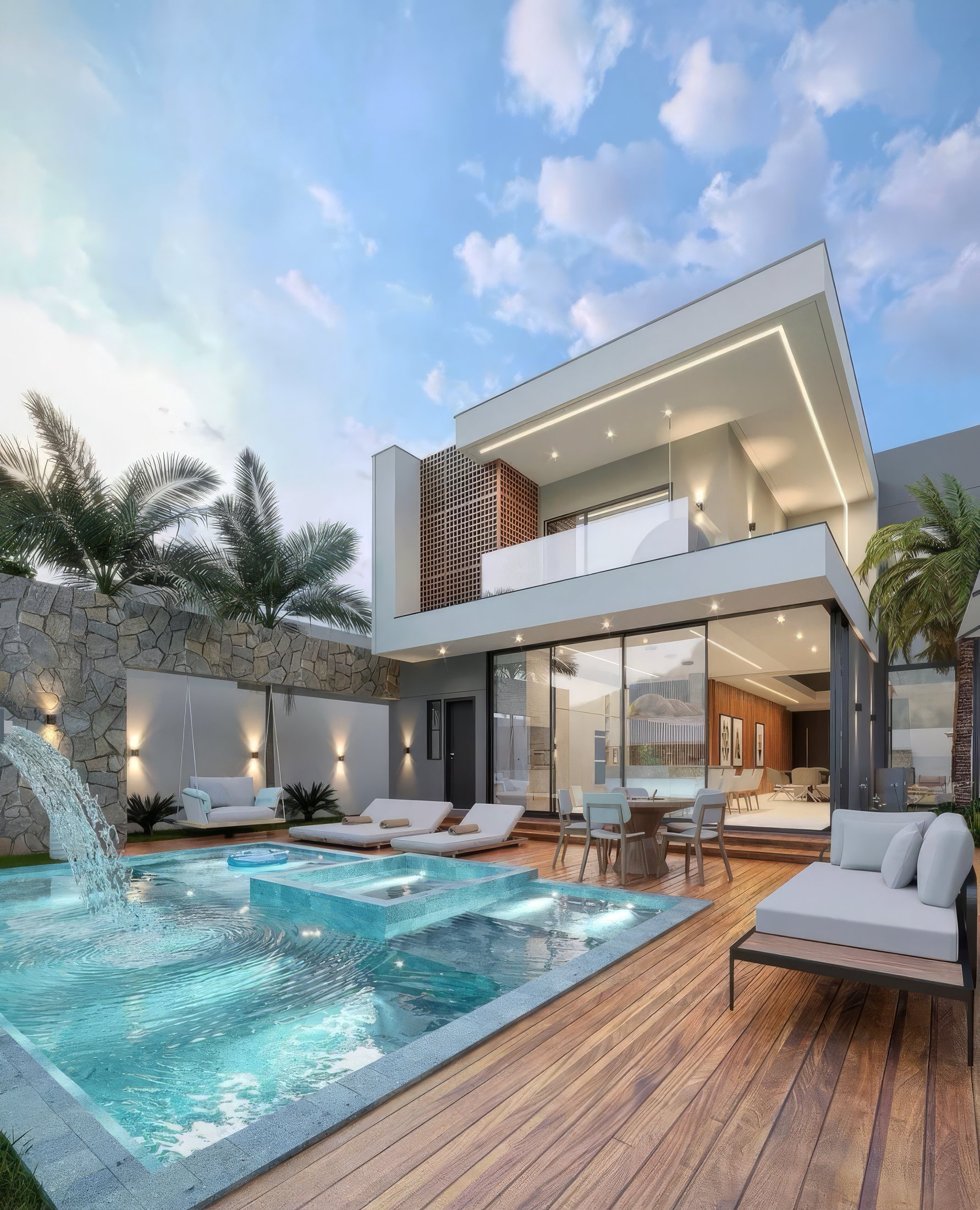Concept image: a two-story modern villa with a lit pool, waterfall feature, timber deck, lattice screen and palms