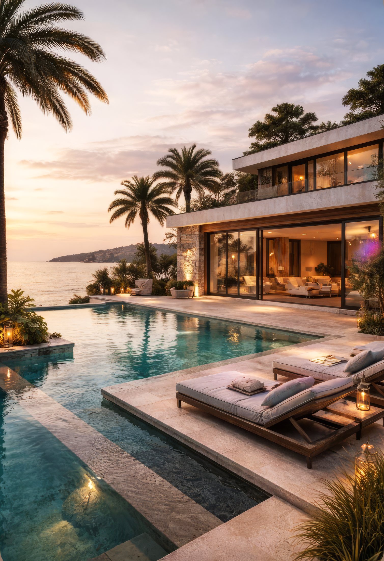 Concept image: a waterfront villa at sunset with an infinity pool, stone terrace, loungers and glass walls facing the sea